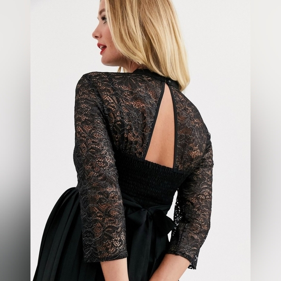 ASOS Little Mistress Maternity pleated midaxi dress with metallic lace in black - Picture 3 of 4